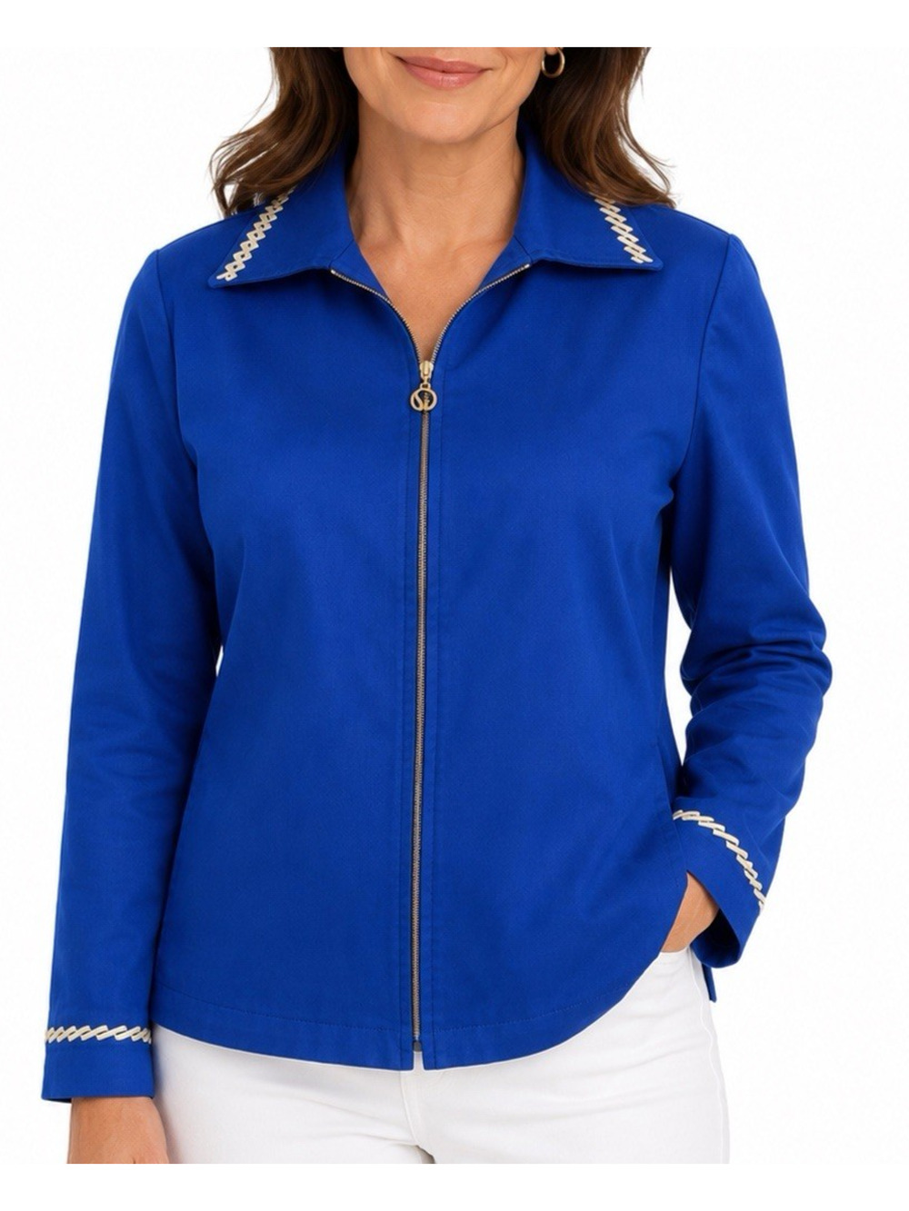 St John Sport Jacket Blue Front Zip Stretch Cotton Gold tone Logo Trim M Vintage